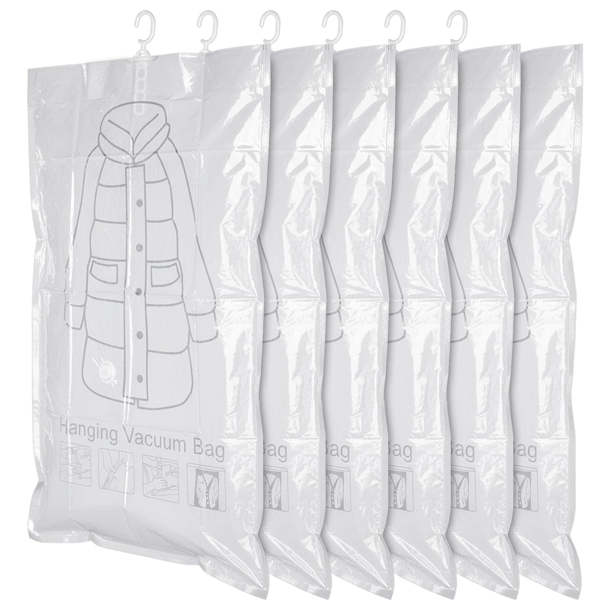 Exclaith hanging vacuum bag closed view demonstrates space-saving storage for coats and dresses.