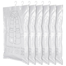 Exclaith hanging vacuum bag closed view demonstrates space-saving storage for coats and dresses.