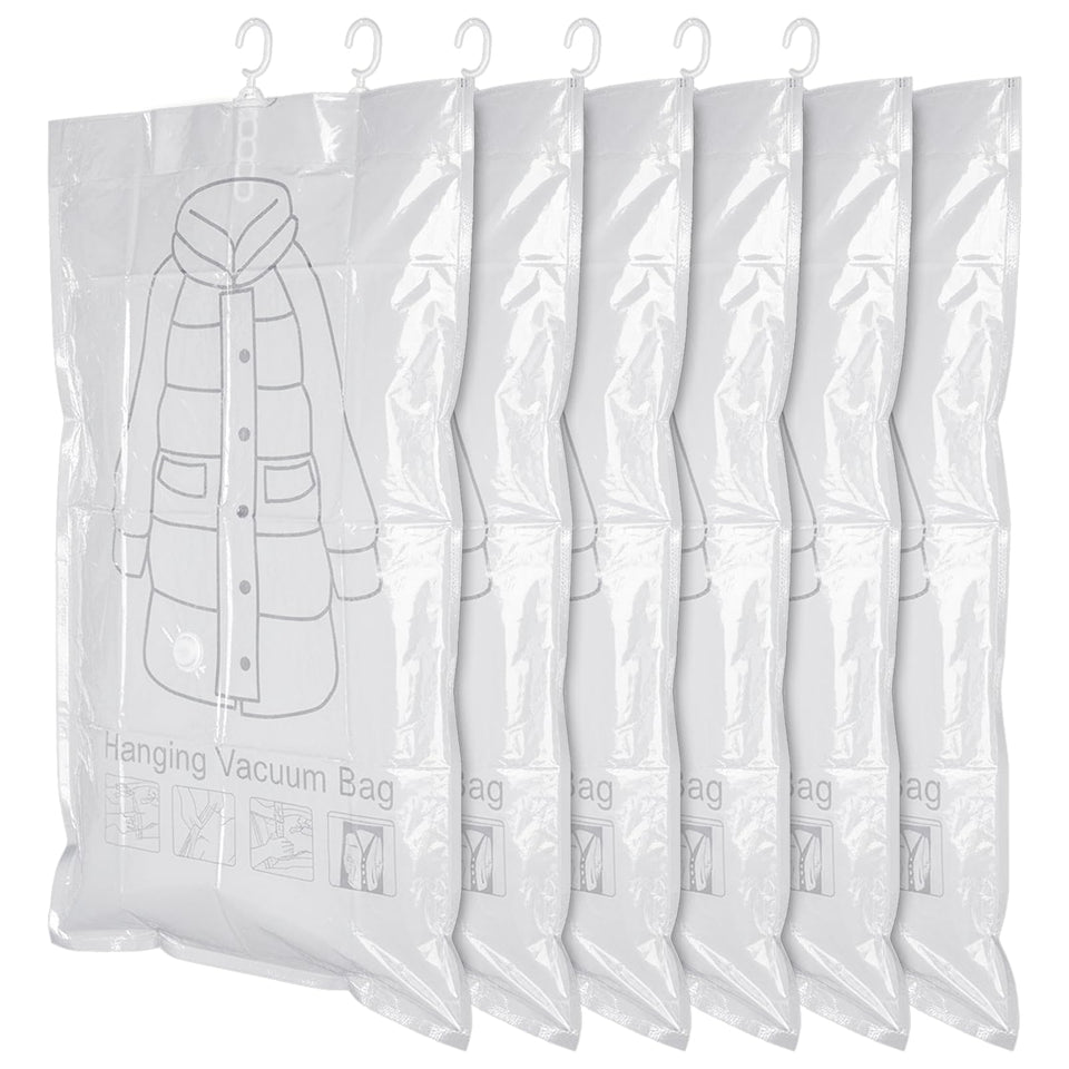 Exclaith hanging vacuum bag closed view demonstrates space-saving storage for coats and dresses.