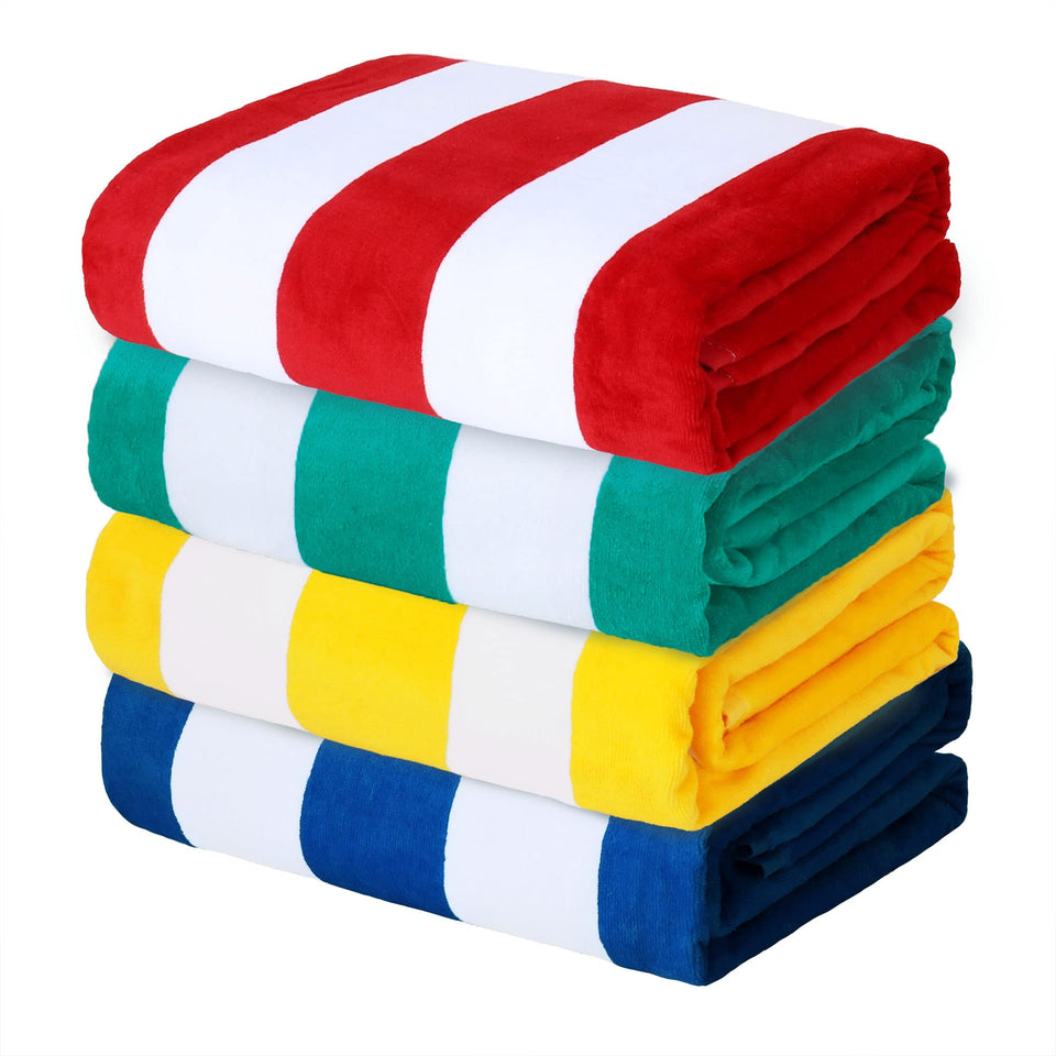 Exclusivo Mezcla cotton towel with red cabana stripe, soft and absorbent for beach days.