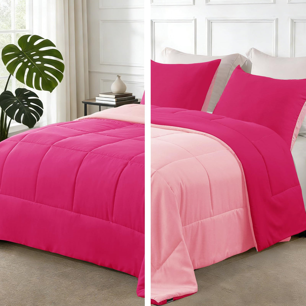 Exclusivo Mezcla twin comforter top view shows reversible hot pink design for all-season use.