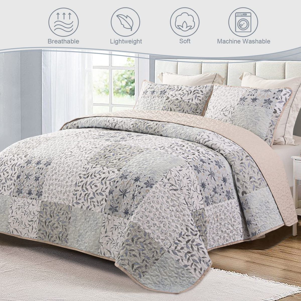 Exclusivo Mezcla queen quilt bed setup showcases chic patchwork for all-season comfort.