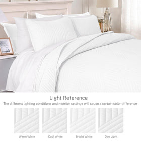 Ultrasonic embossing creates a durable, lightweight geometric texture on the quilt