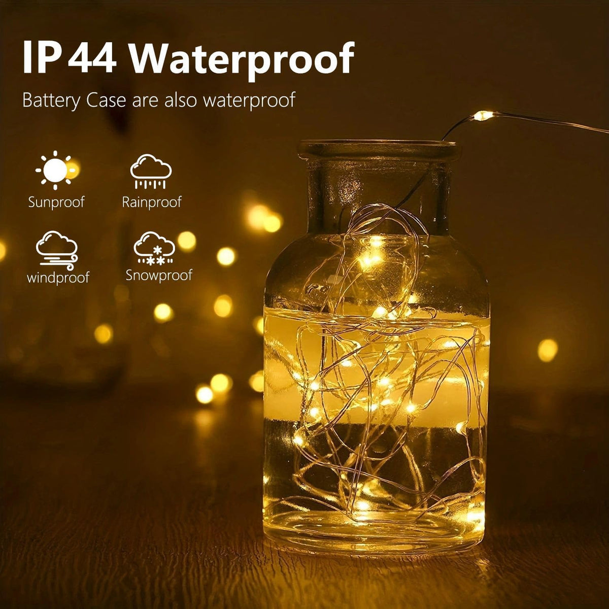 EXF IP44 waterproof battery case keeps lights working outdoors.