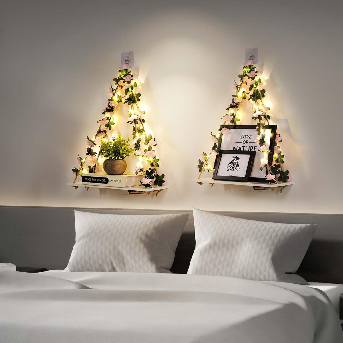 EXIN DECHEN wall shelves with Christmas lights and flowers for festive ambiance