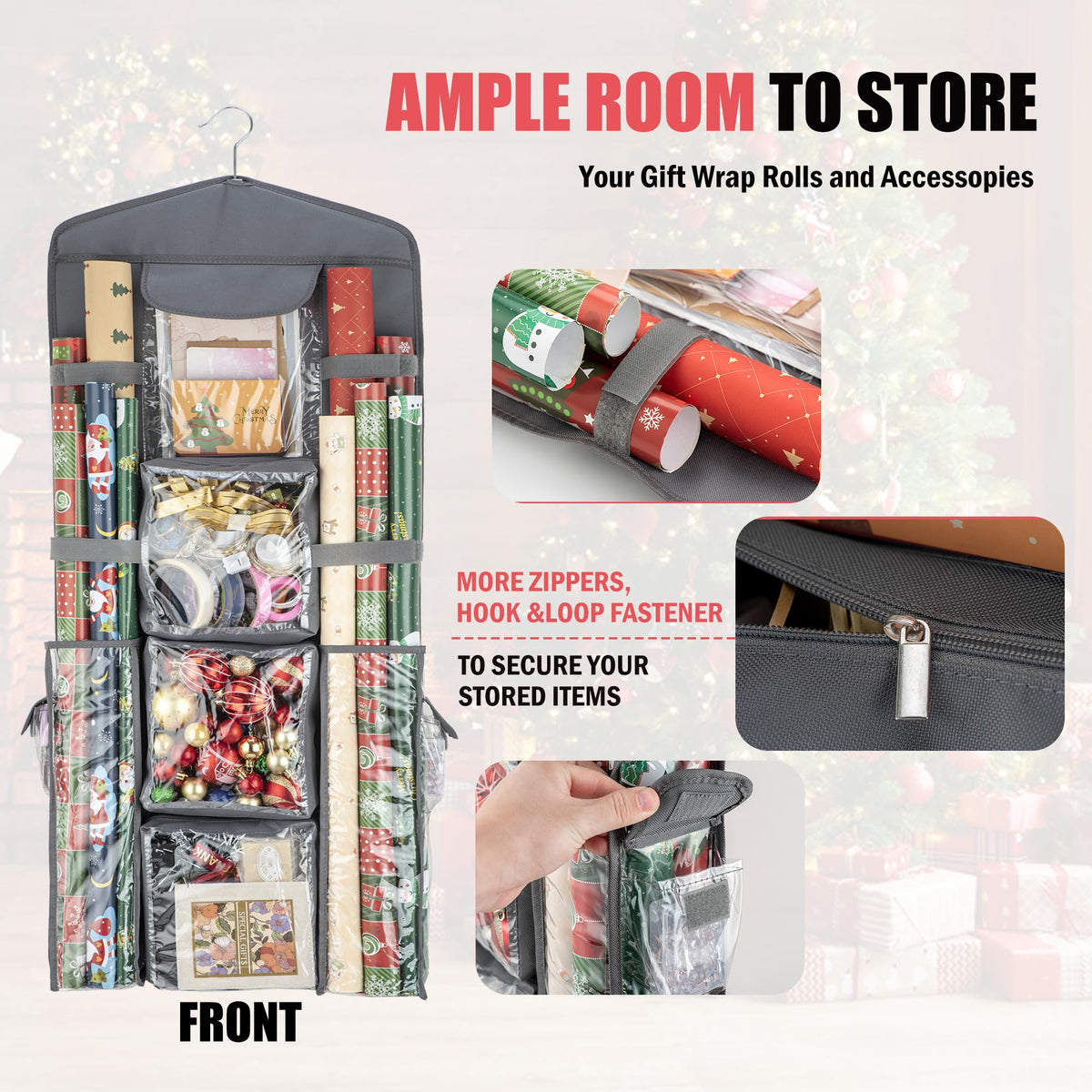 EXLIFBAG double-sided gift wrap organizer showing spacious storage for paper and bows