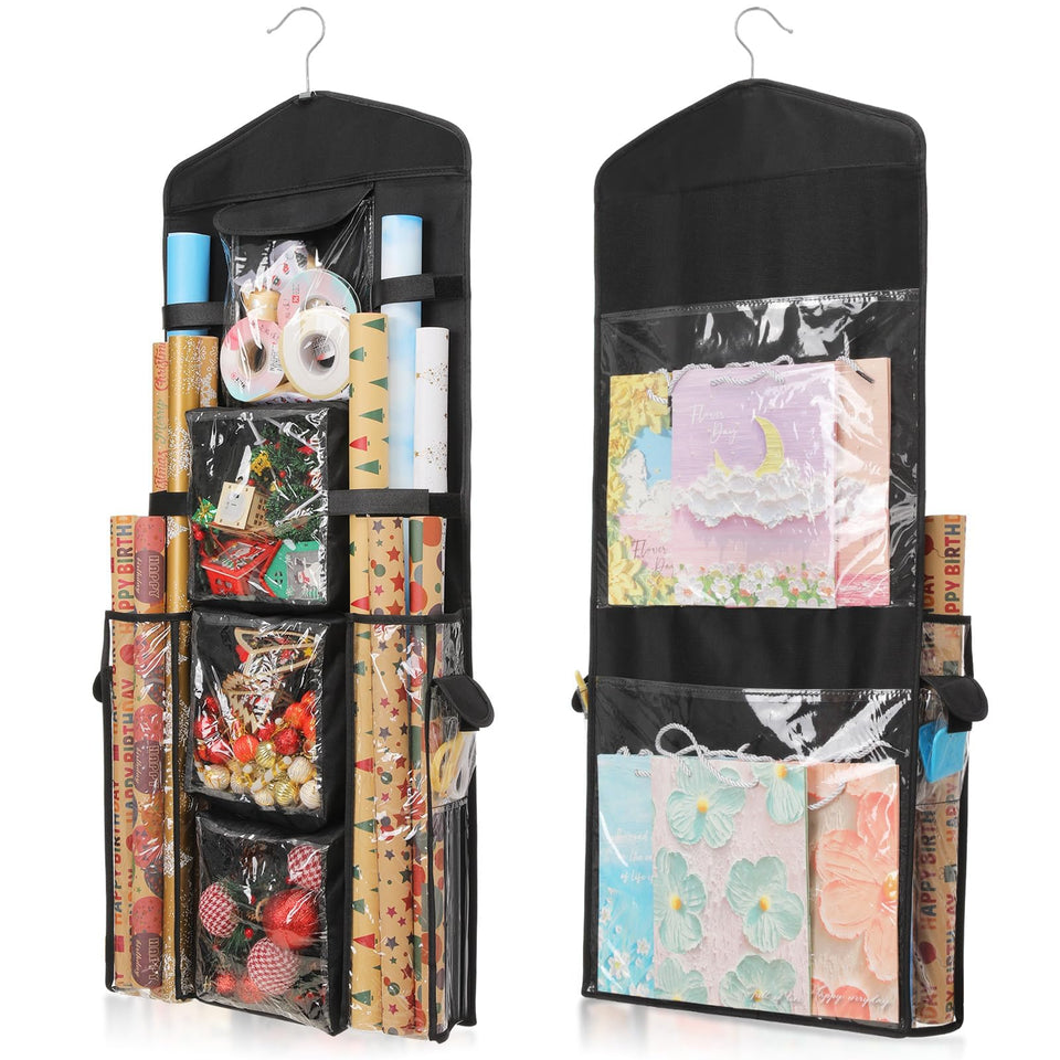 EXLIFBAG wrapping paper storage with front pockets for organizing tape and ribbons.