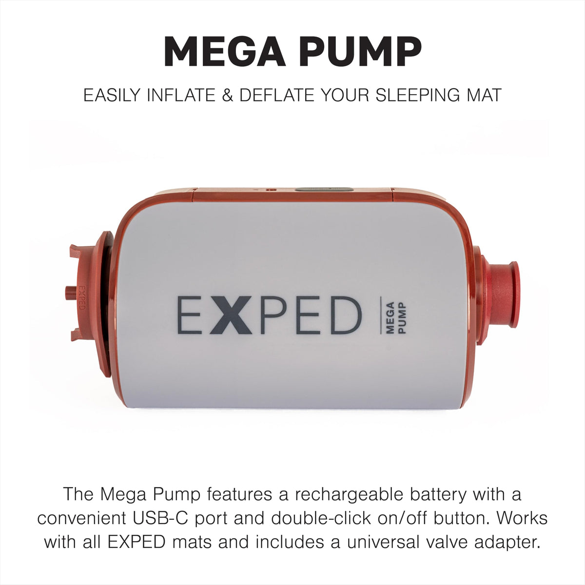 Exped Mega Pump at the deflation port for fast air removal and compact packing.