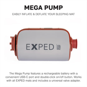 Exped Mega Pump at the deflation port for fast air removal and compact packing.
