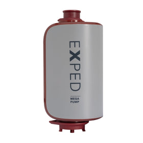 Exped Mega Pump near the inflation port inflating a camping pad quickly.