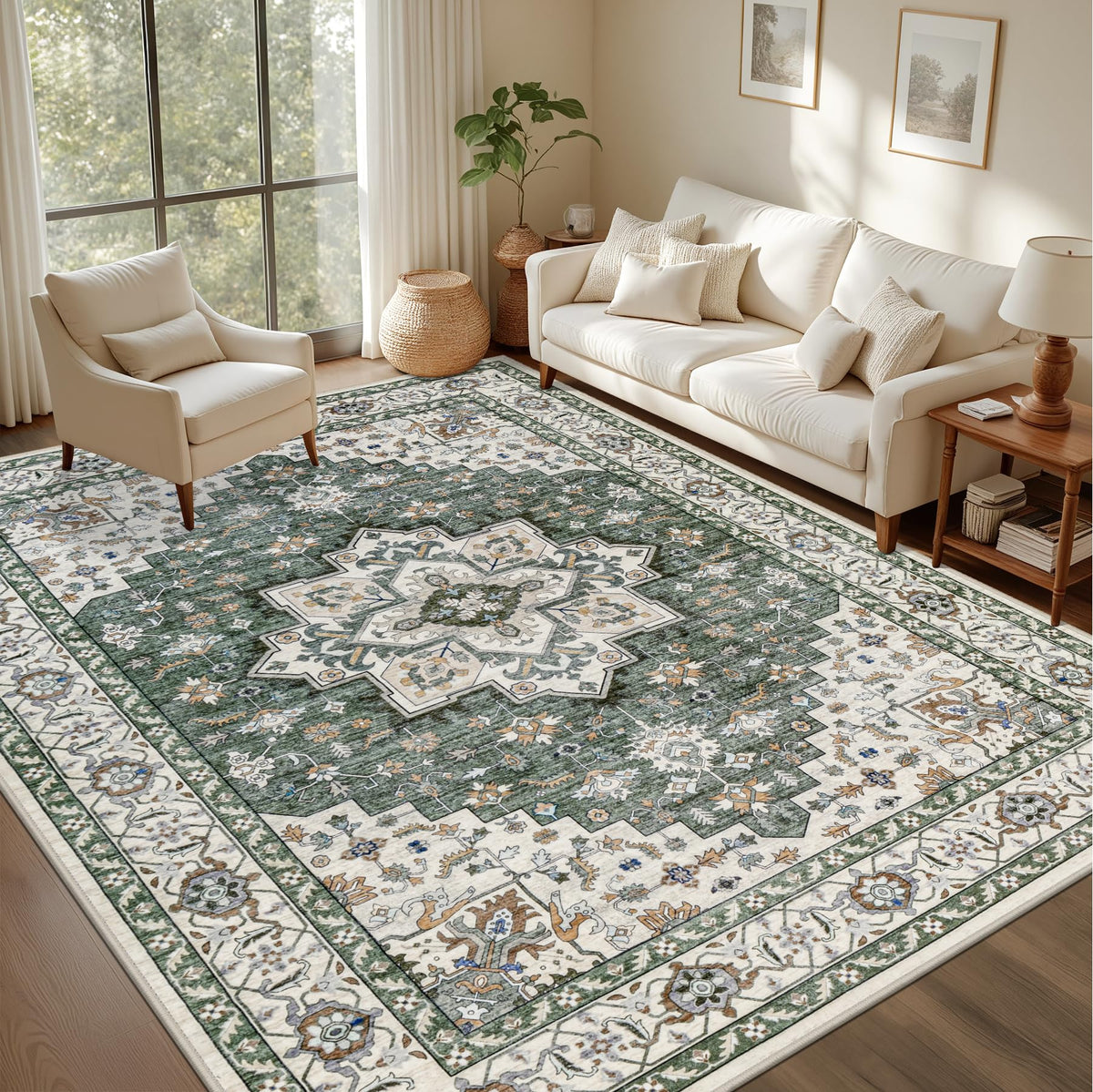 ExpediX 6x9 rug full view in green ivory enhances living room decor