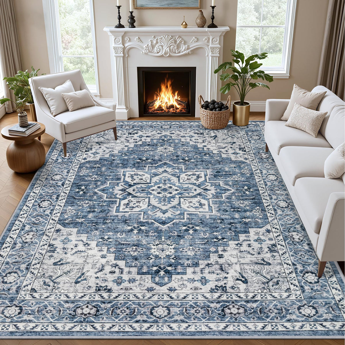 ExpediX 6x9 blue boho medallion rug enhances living room aesthetics with pattern and color