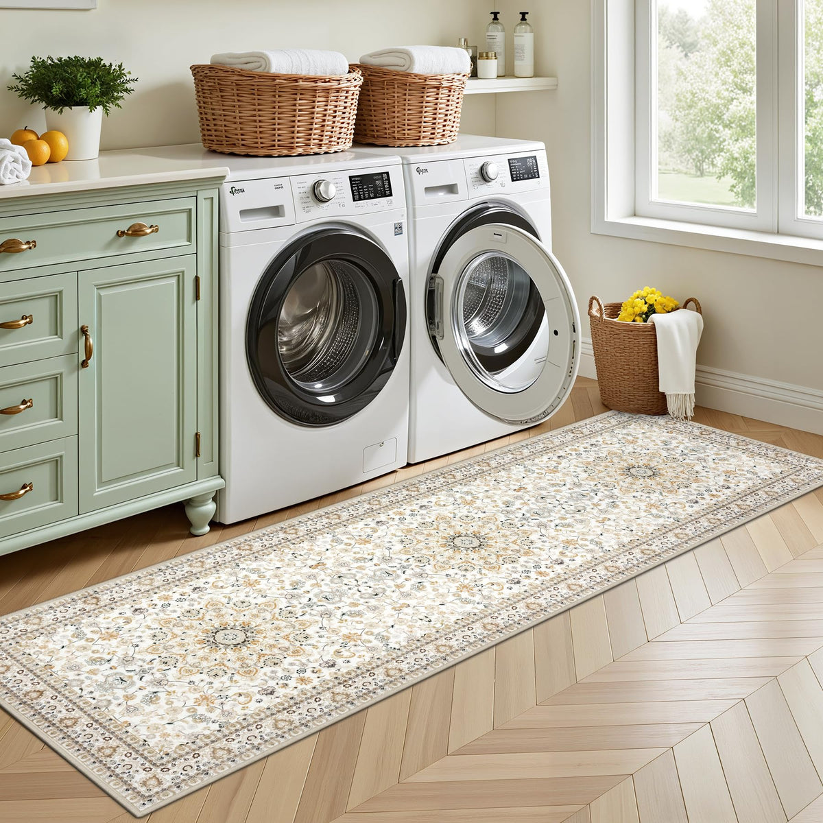 ExpediX hallway runner rug features stain-resistant surface that beads liquids for easy cleanup