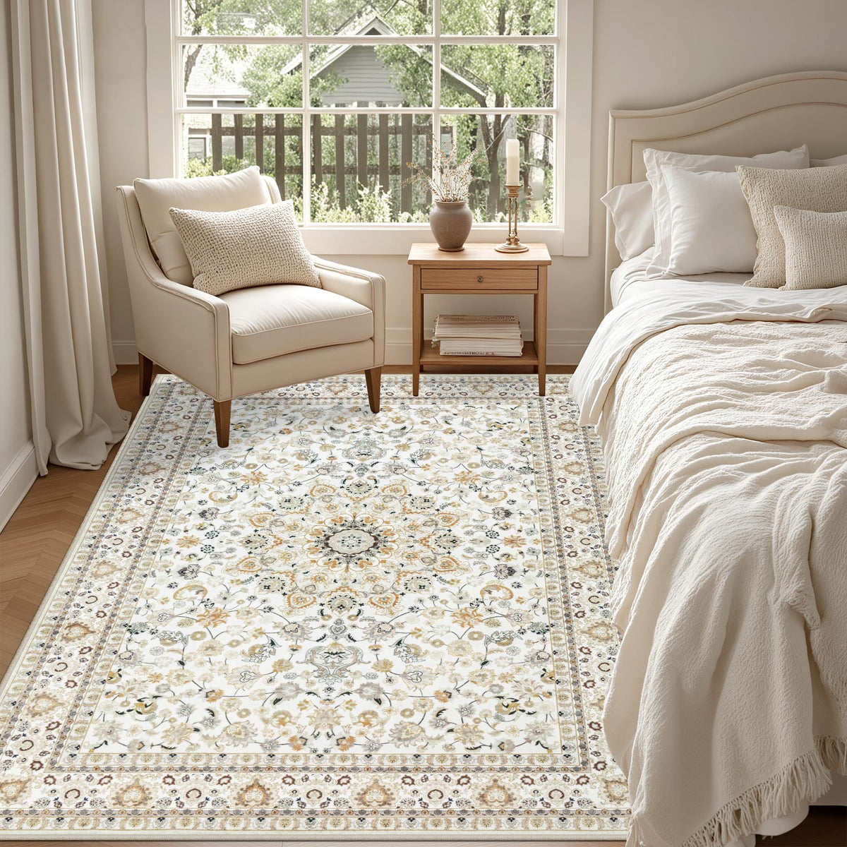 ExpediX stain-resistant beige rug keeps colors vibrant through spills and daily use.