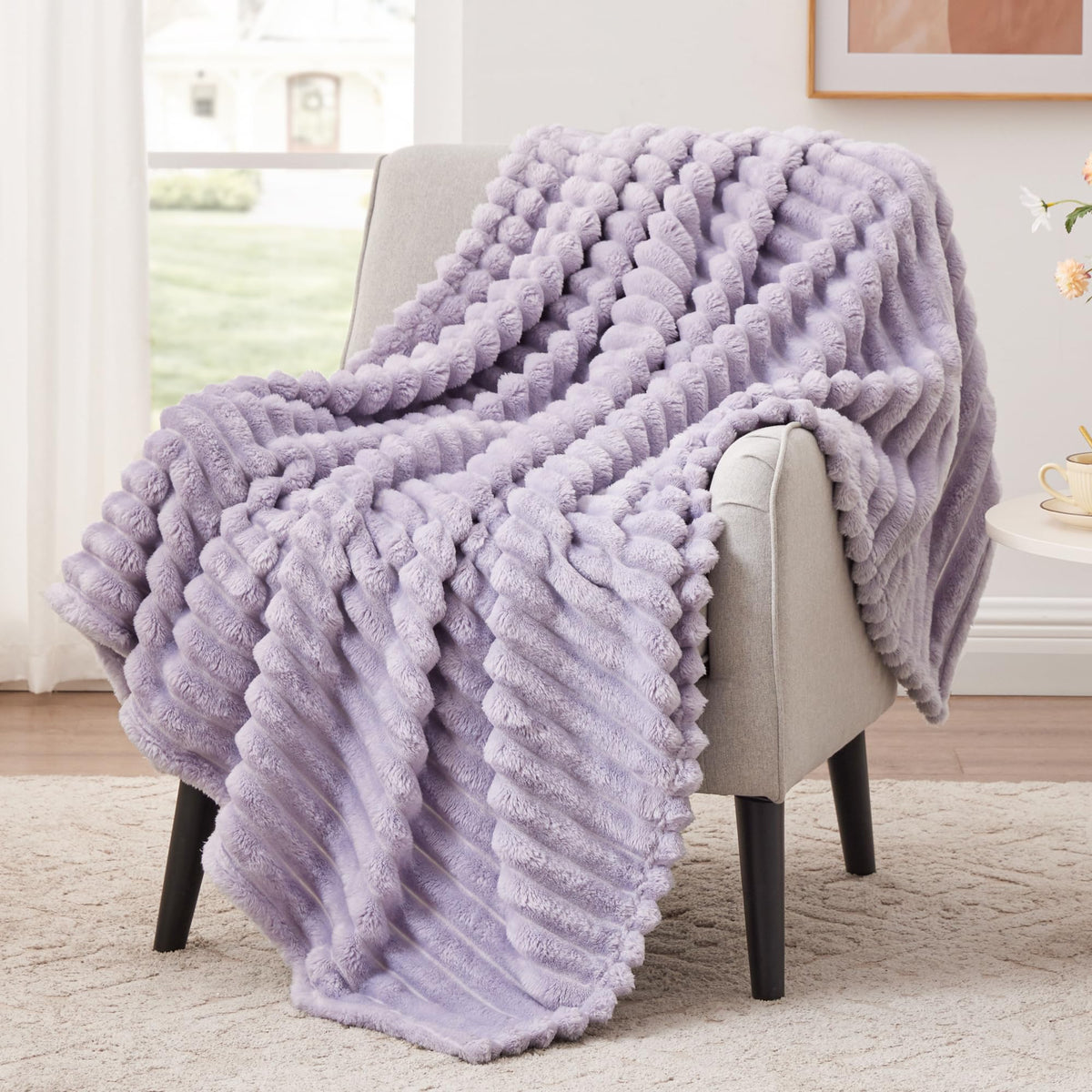 EXQ Home twin fleece blanket 60x80 with 3D stripe jacquard for cozy warmth