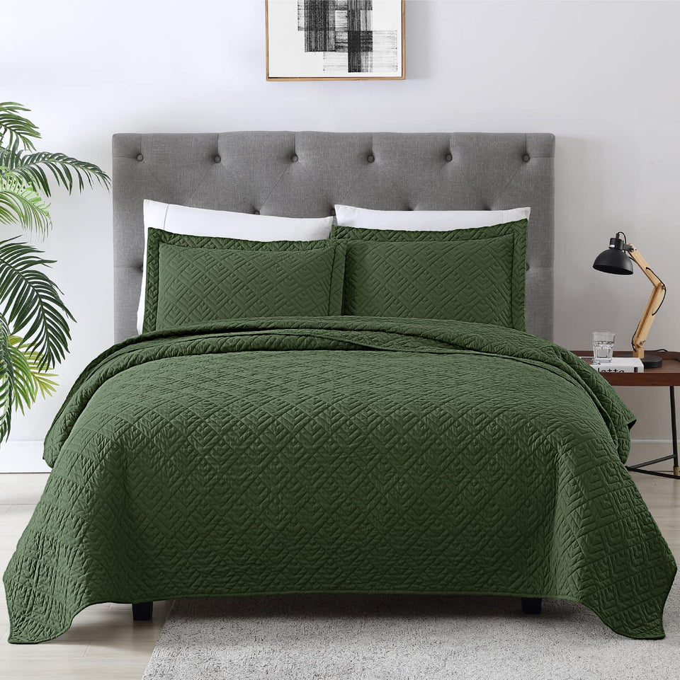 EXQ Home olive green quilt set on bed offers lightweight all-season warmth.