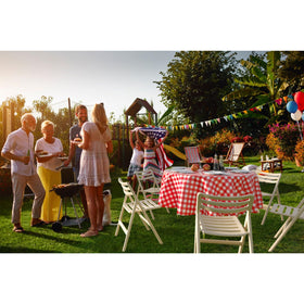 Exquisite round tablecloth in red gingham for outdoor events.