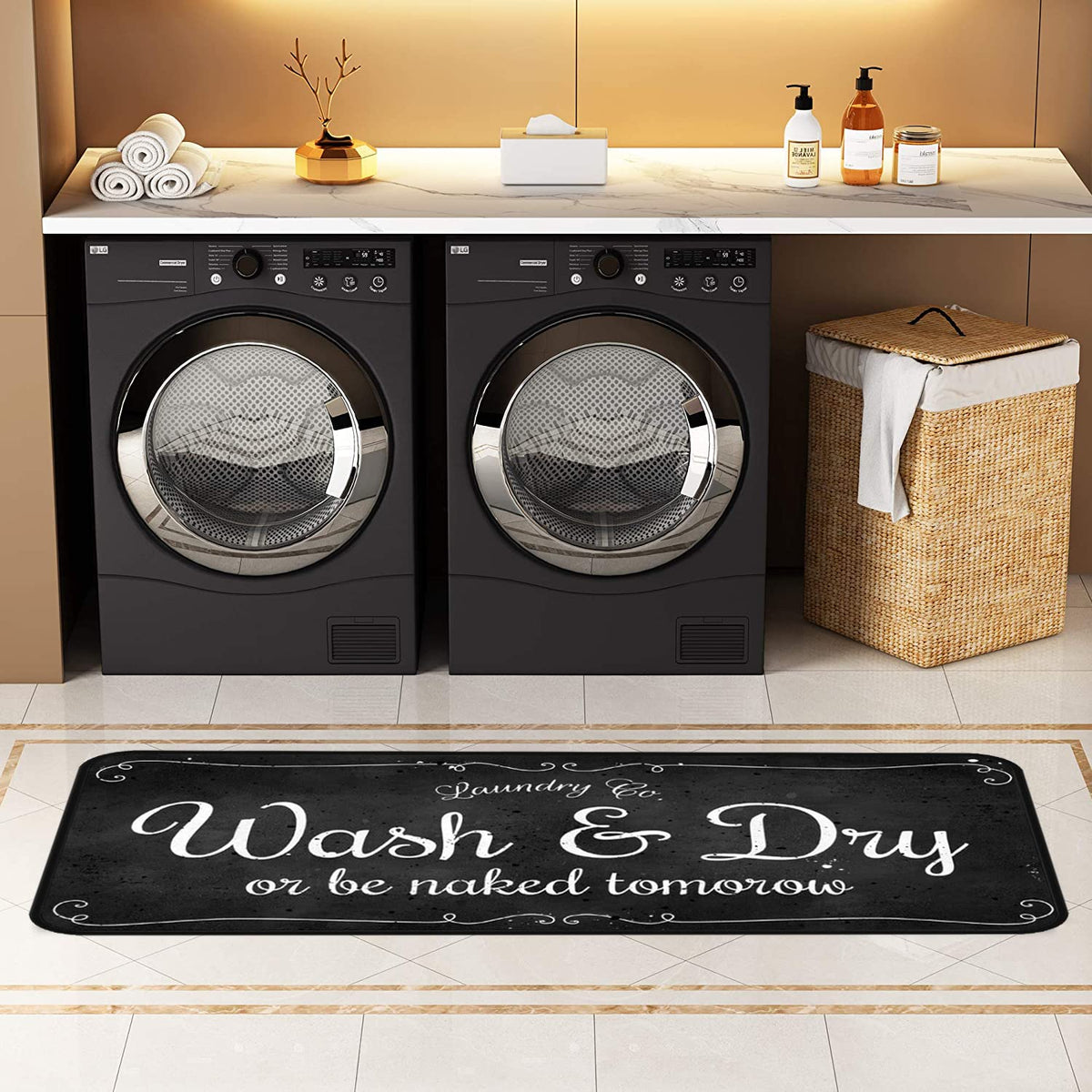 EYECY laundry rug with waterproof finish keeps spills at bay.