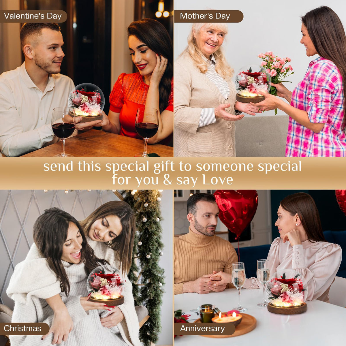 Eyesofspring glass dome rose on wooden base, premium decorative centerpiece.