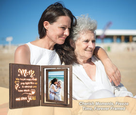 EYITUPC Light Up Mom Frame side view highlights slim silhouette and vintage wood finish for warm decor.