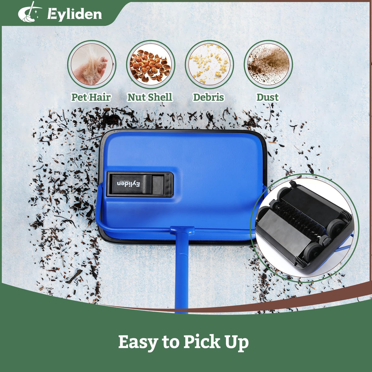Eyliden carpet sweeper mini blue dust compartment, quick emptying after quick cleanups