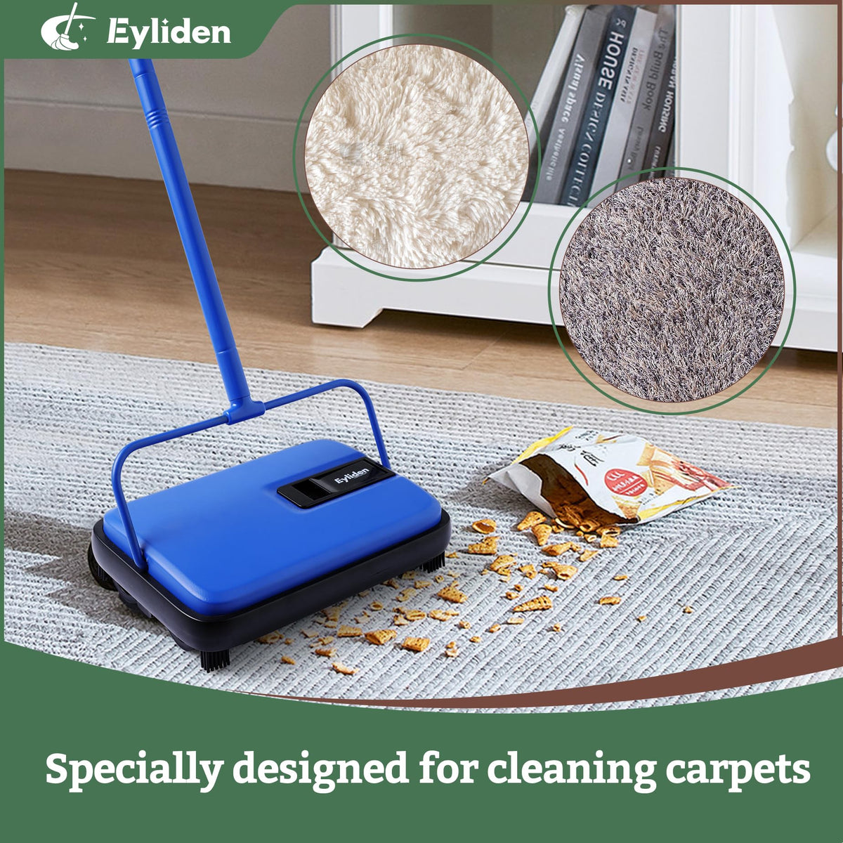 Eyliden mini blue carpet sweeper handle close-up, ergonomic grip for effortless pushing