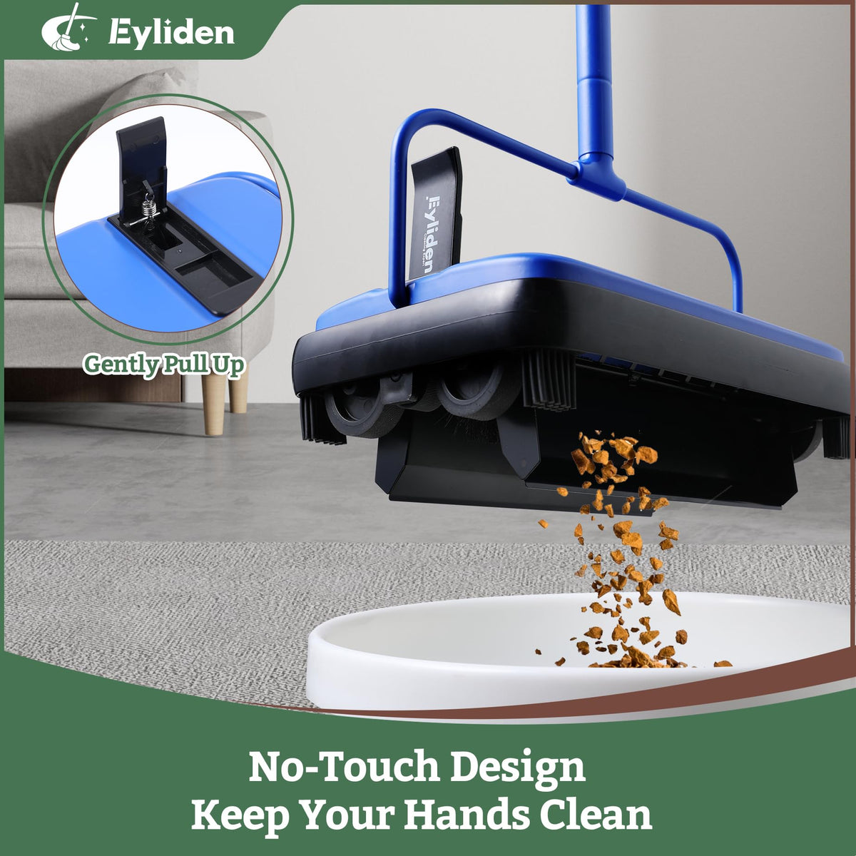 Eyliden blue mini sweeper in action, no electricity, eco-friendly carpet cleaning