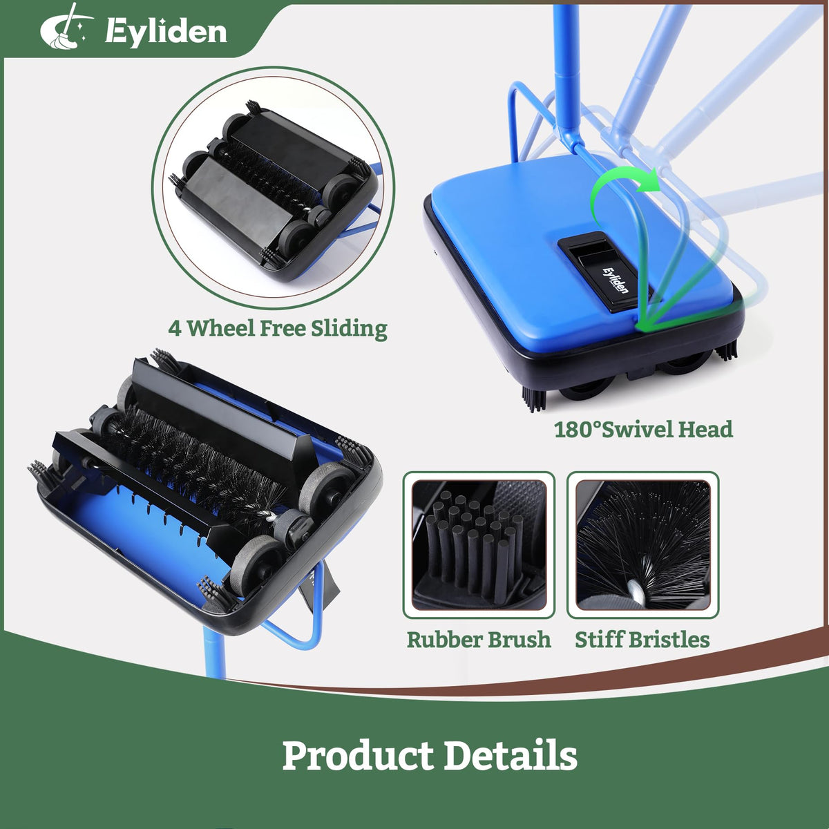 Eyliden carpet sweeper mini blue, side view, easy maneuverability in tight spaces