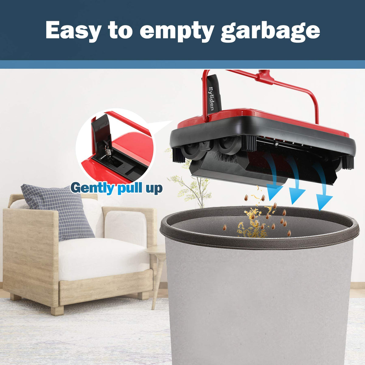 Eyliden carpet sweeper mini red brush-detail reveals effective debris pickup.
