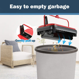 Eyliden carpet sweeper mini red brush-detail reveals effective debris pickup.