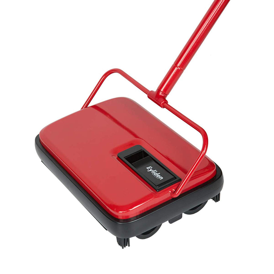 Eyliden carpet sweeper mini red front view showcases compact, quiet cleaning for carpets.