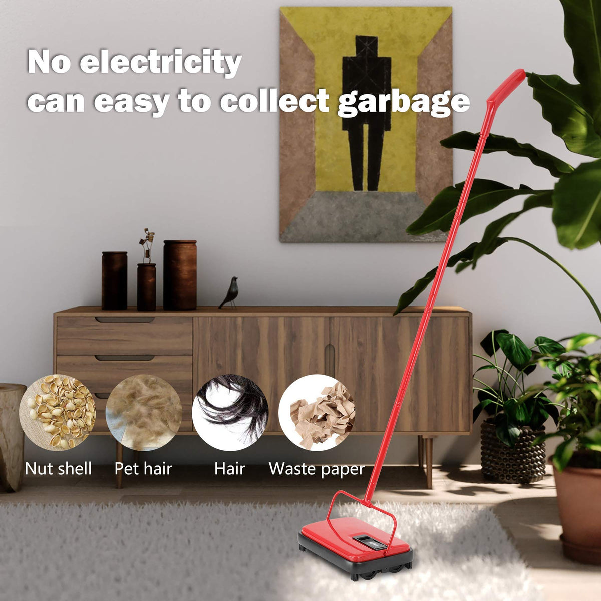 Eyliden carpet sweeper mini red close-up hair pickup on rollers.