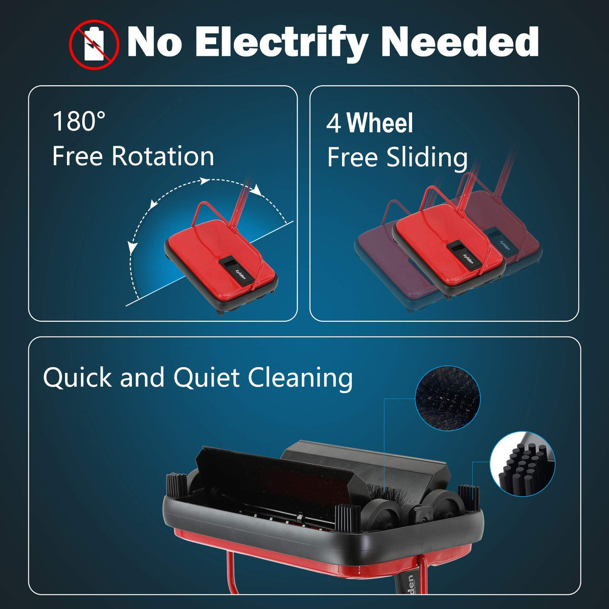 Eyliden carpet sweeper mini red in-use on carpet shows no electricity required.