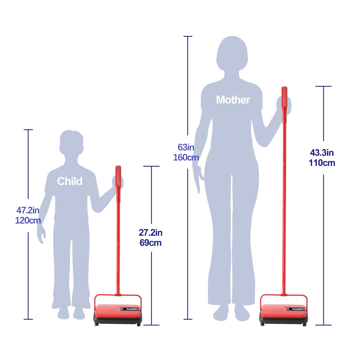 Eyliden carpet sweeper mini red side view highlights lightweight, easy maneuverability.