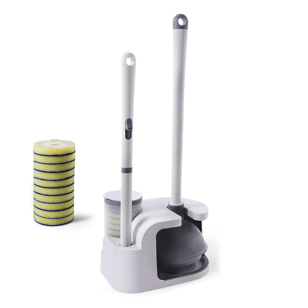 Eyliden toilet brush and plunger combo assembled for easy storage and tidy bathroom.