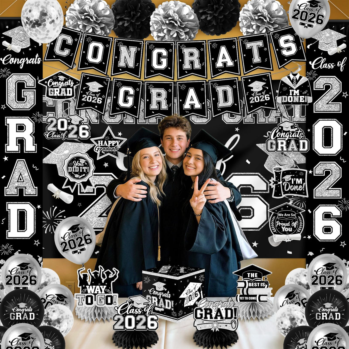 EYOBZOOQ 59x39 inch backdrop adds a dramatic graduation stage.