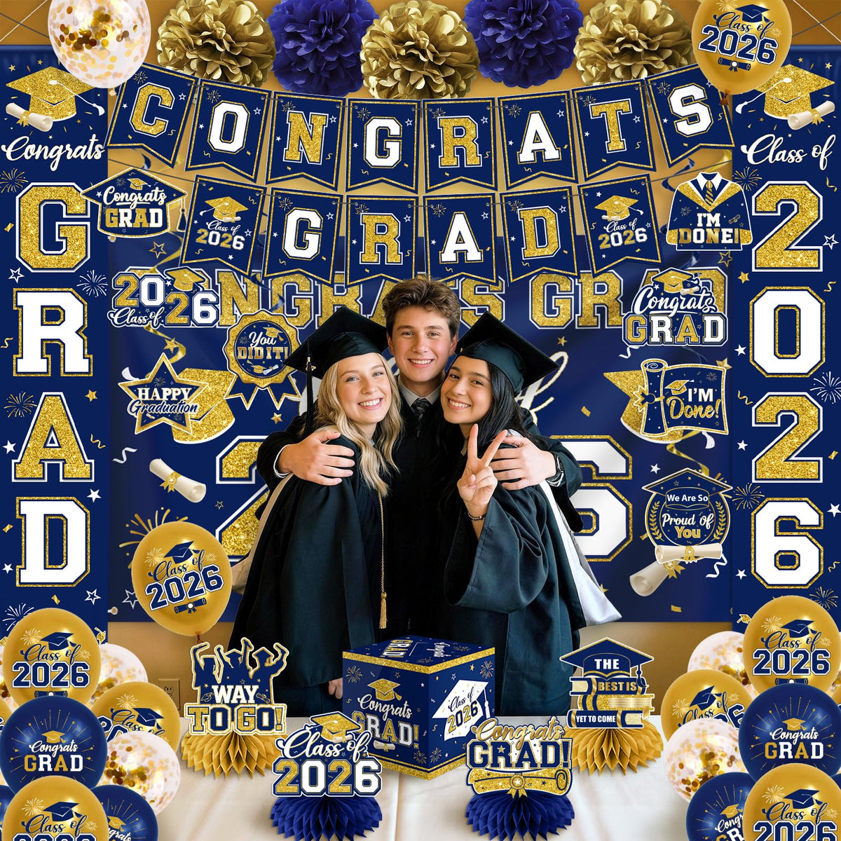 EYOBZOOQ graduation backdrop adds bold navy and gold stage