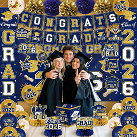 EYOBZOOQ graduation backdrop adds bold navy and gold stage