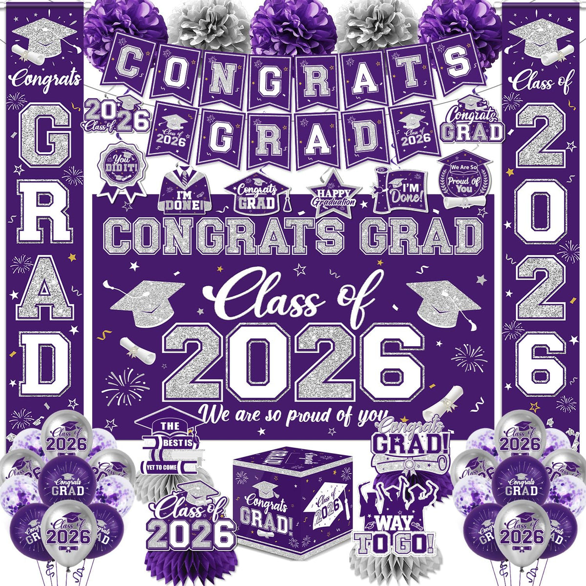 EYOBZOOQ purple-silver grad banner creates a festive centerpiece for Class of 2026 photos