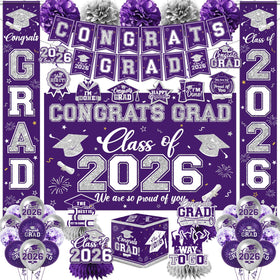 EYOBZOOQ purple-silver grad banner creates a festive centerpiece for Class of 2026 photos