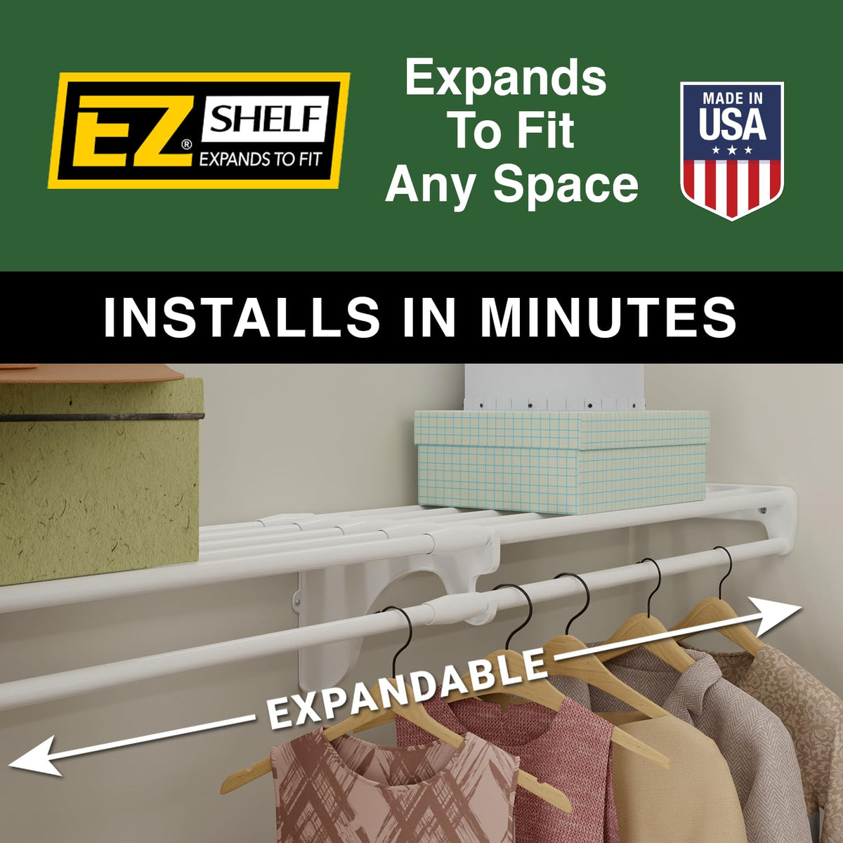 EZ Shelf white closet organizer in a tidy wardrobe