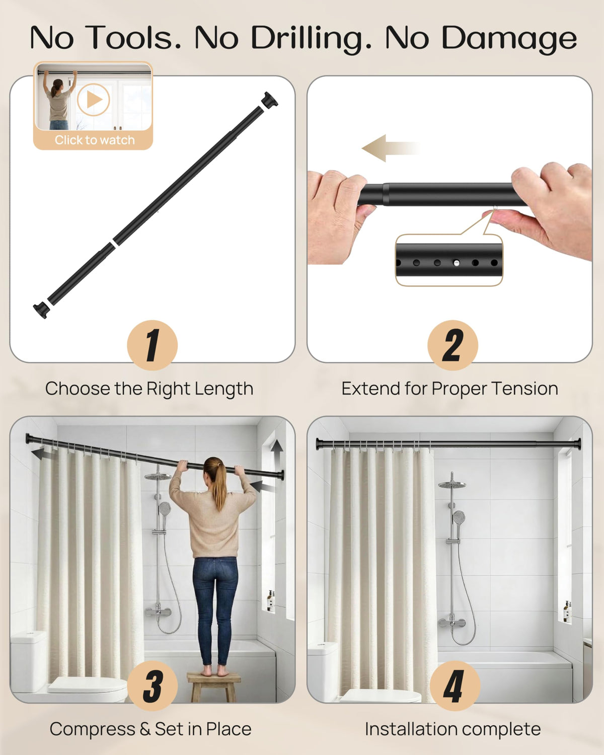 EZFurni Rod compatible with tile, glass, stone, wood surfaces