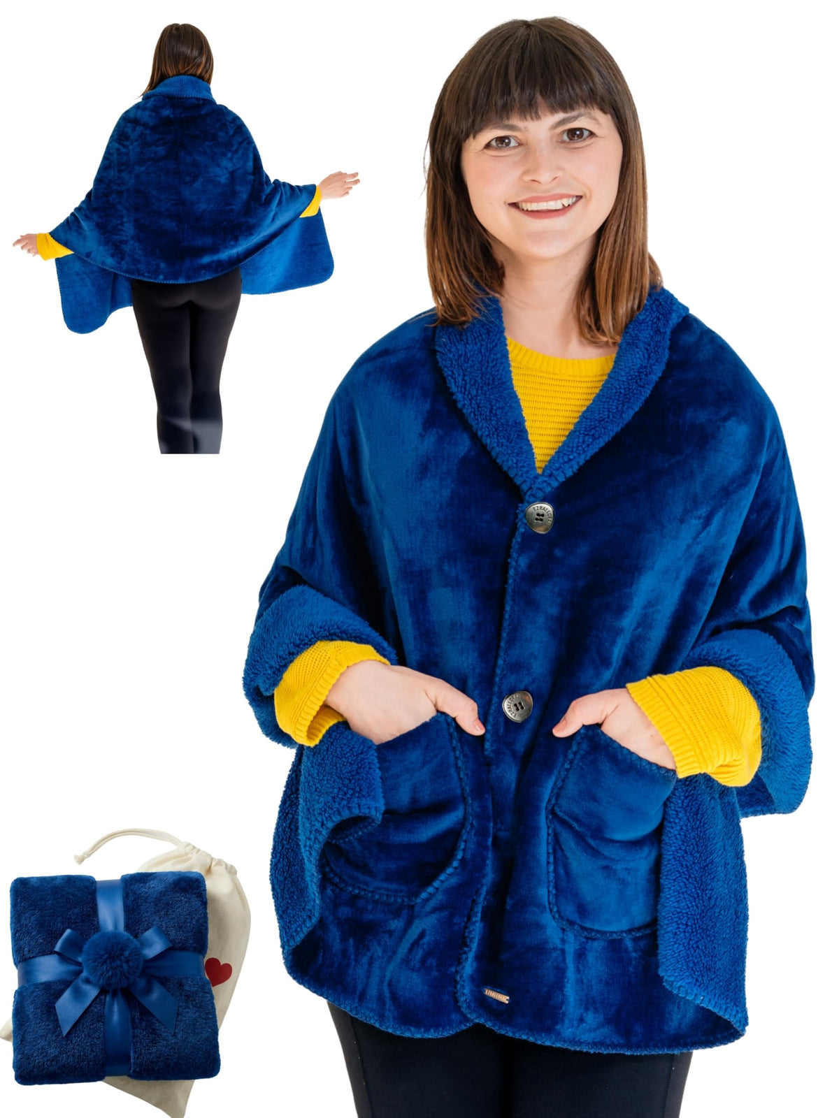 EzrAllora double-layer poncho blue with sherpa warmth for cozy wear