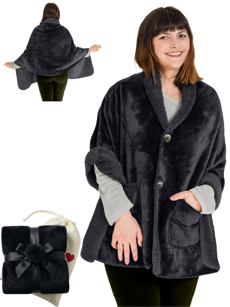 EzrAllora double-layer wearable blanket in velvet black with pockets, cozy warmth.