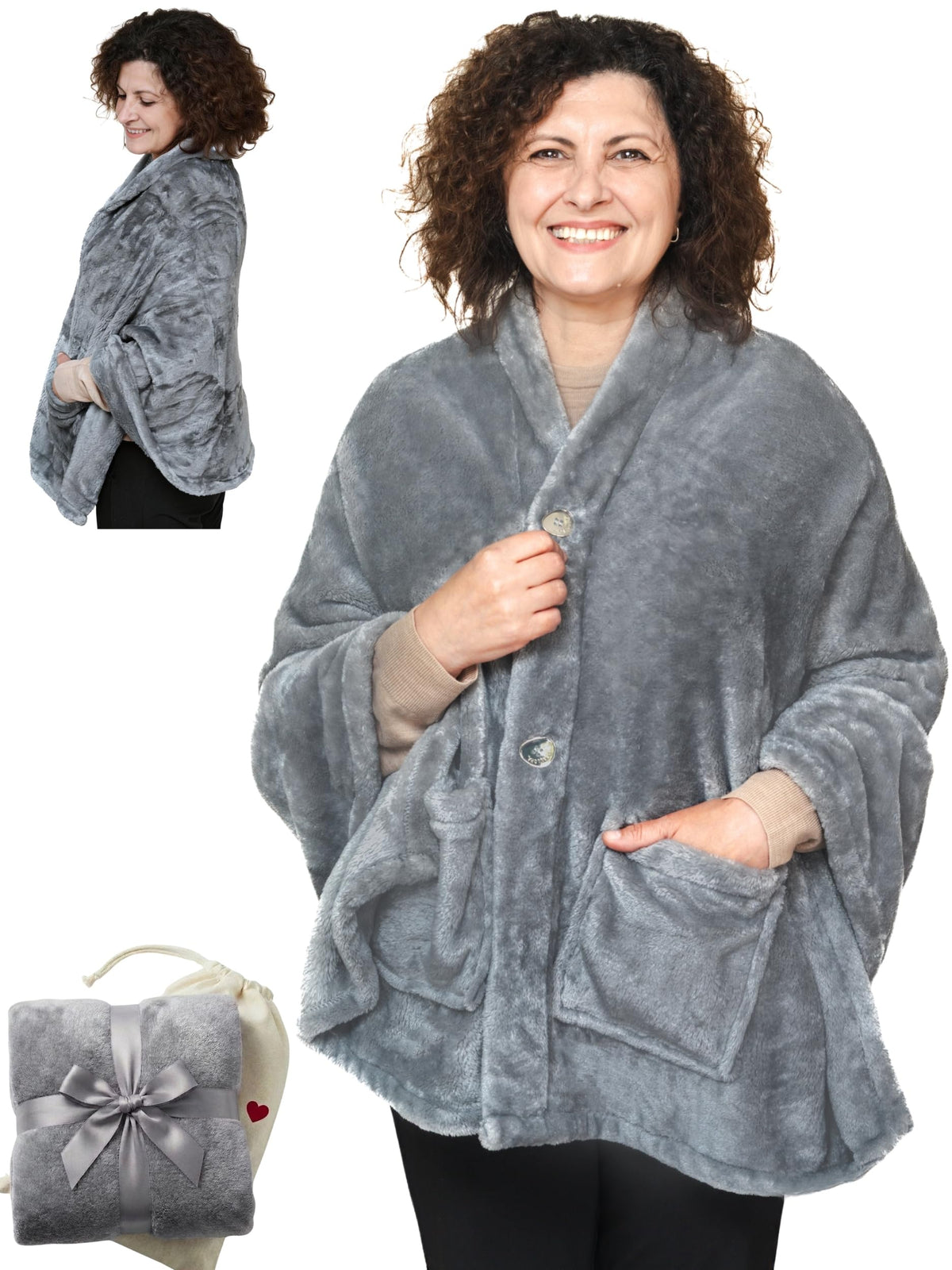 EzrAllora fleece poncho blanket front view showing lightweight warmth for lounge and work-from-home