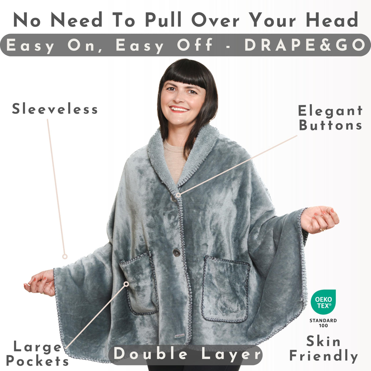 EzrAllora poncho front-pockets offer convenient storage during daily tasks.