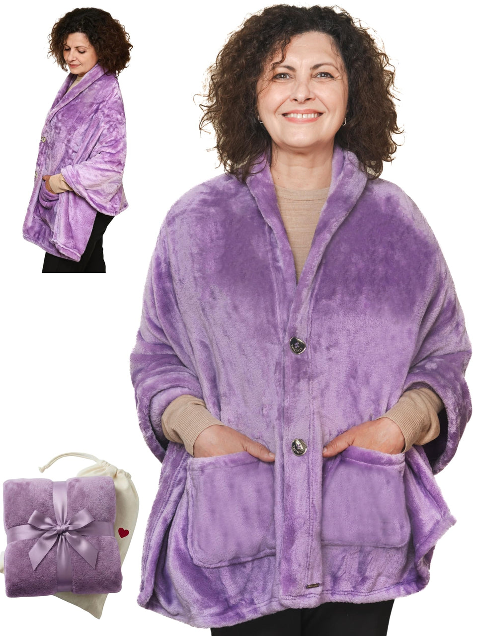 EzrAllora velvet lavender poncho blanket offers lightweight indoor warmth.