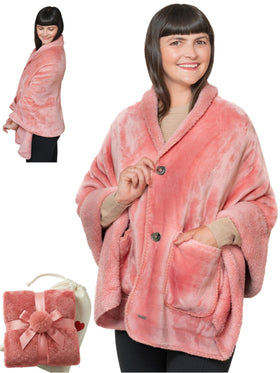 EzrAllora powder pink double-layer poncho blanket front view, cozy warmth