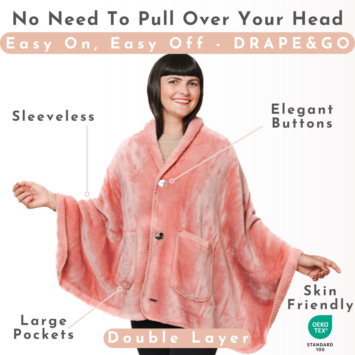 EzrAllora powder pink poncho blanket with pockets keeps hands warm
