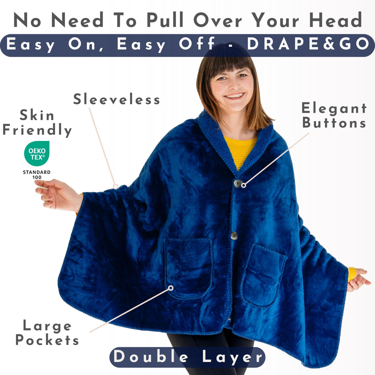 EzrAllora poncho draped over shoulders for secure, hands-free comfort